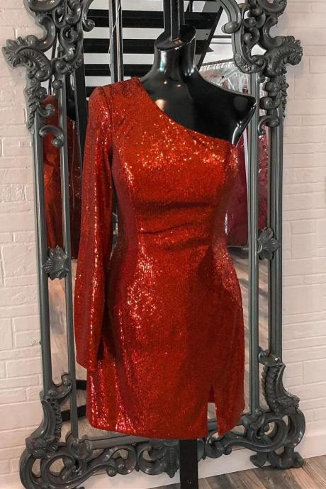 Red Sequins One Sleeve Short Homecoming Dress