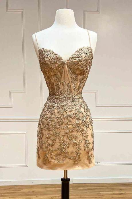 Tie Back Gold Appliqued Bodycon Homecoming Dress