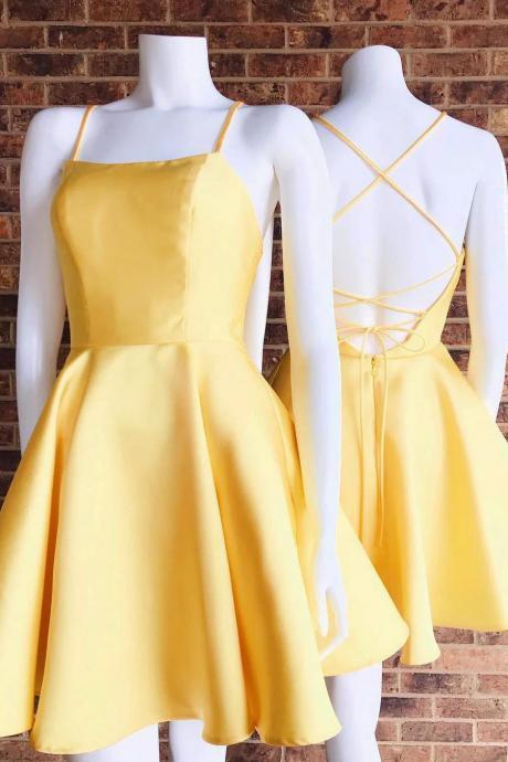 Spaghetti Straps Criss Cross Yellow Daffodil Homecoming Dress