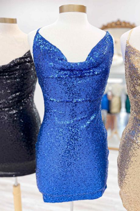 Cowl Neck Royal Blue Sequin Mini Homecoming Dress