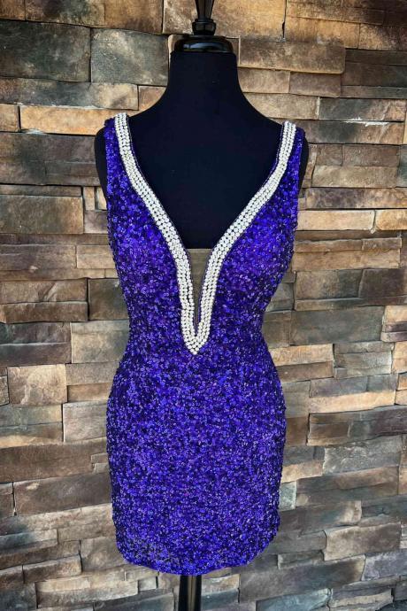Plunging V-neck Blue Sequins Short Homecoming Dress With Rhinestones