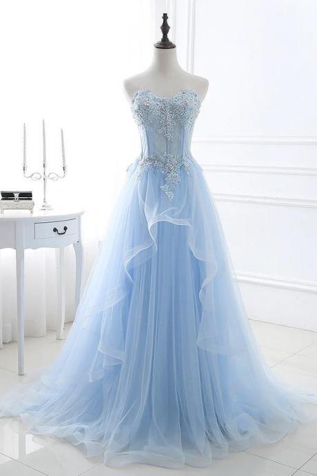 Light Blue Beaded Long Prom Dress