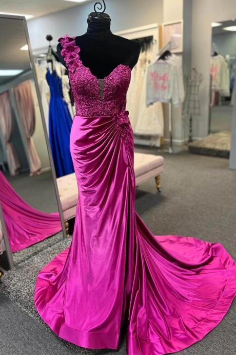 One Shoulder Fuchsia Ruched Long Prom Dress With 3d Flowers