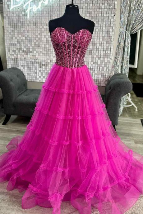 Sweetheart Fuchsia Beaded Ruffles Tulle Prom Dress