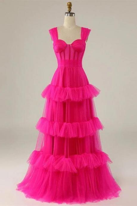 Straps Pink Ruffle Tiered Long Prom Dress