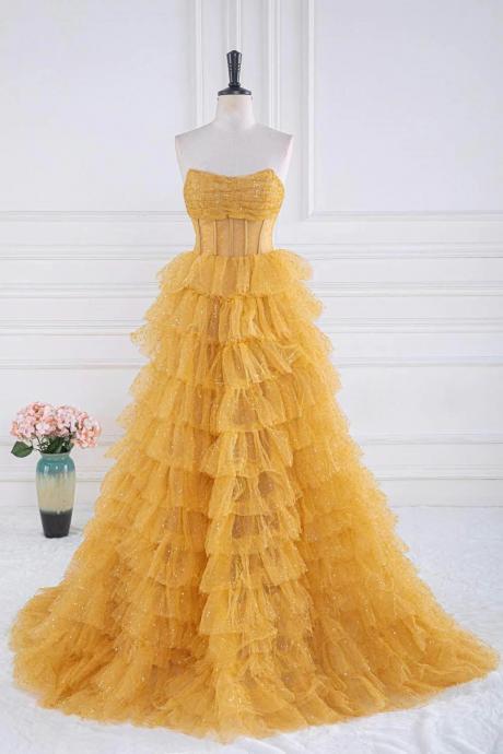 Gold Strapless Sequin Ruffle Layered Long Prom Dress