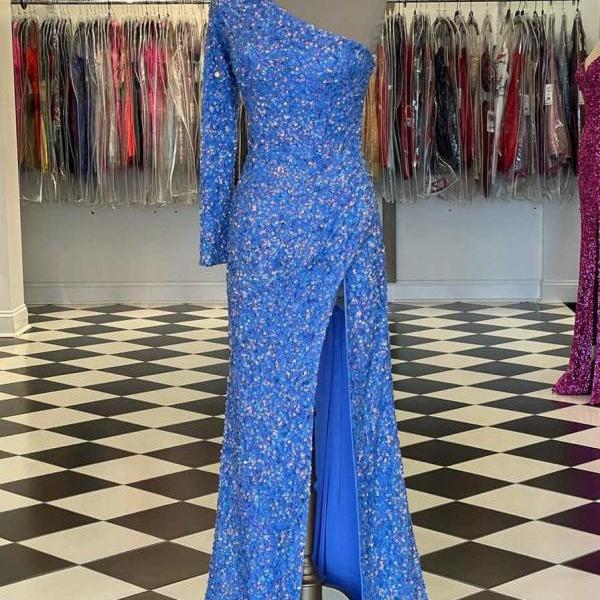 Sparkly Blue Sequind Long Sleeve Prom Dress Party Dress