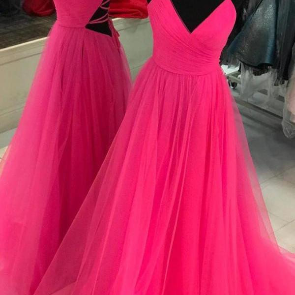V Neck A-line Hot Pink Long Prom Dress with Lace-up Back