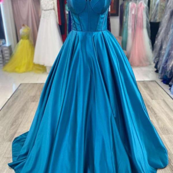 Sweetheart Blue Satin A-Line Prom Dress