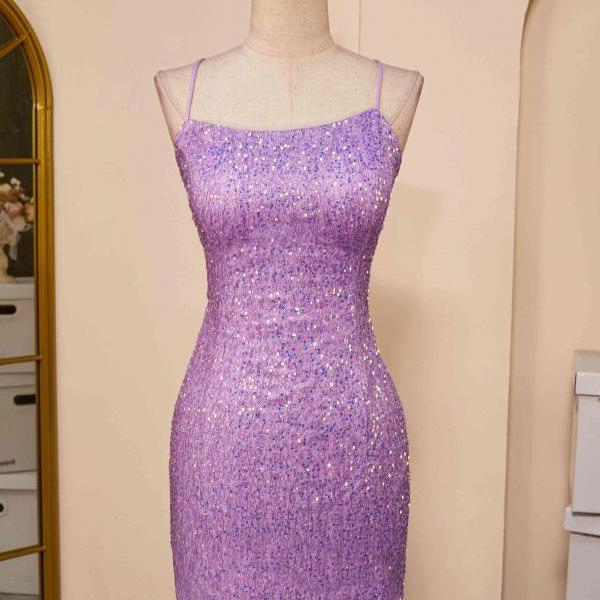 Lace-Up Lilac Sequin Tight Short Homecoming Dress