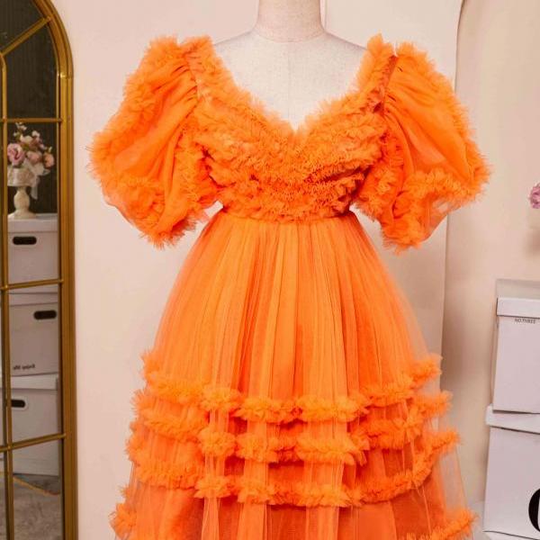 V-Neck Orange Ruffled Short Homecoming Dress with Puff Sleeves