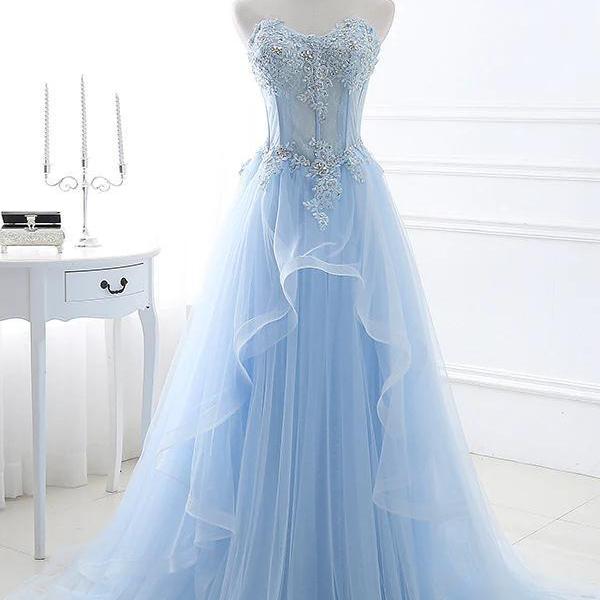 Light Blue Beaded Long Prom Dress