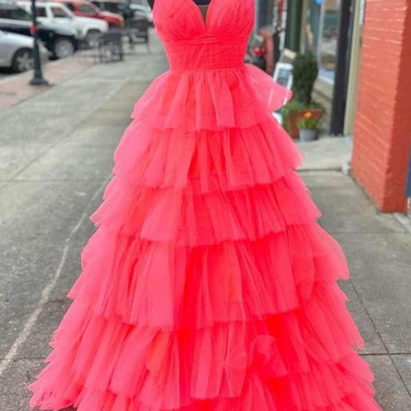Candy Pink V-Neck Tulle Tiered Long Prom Dress
